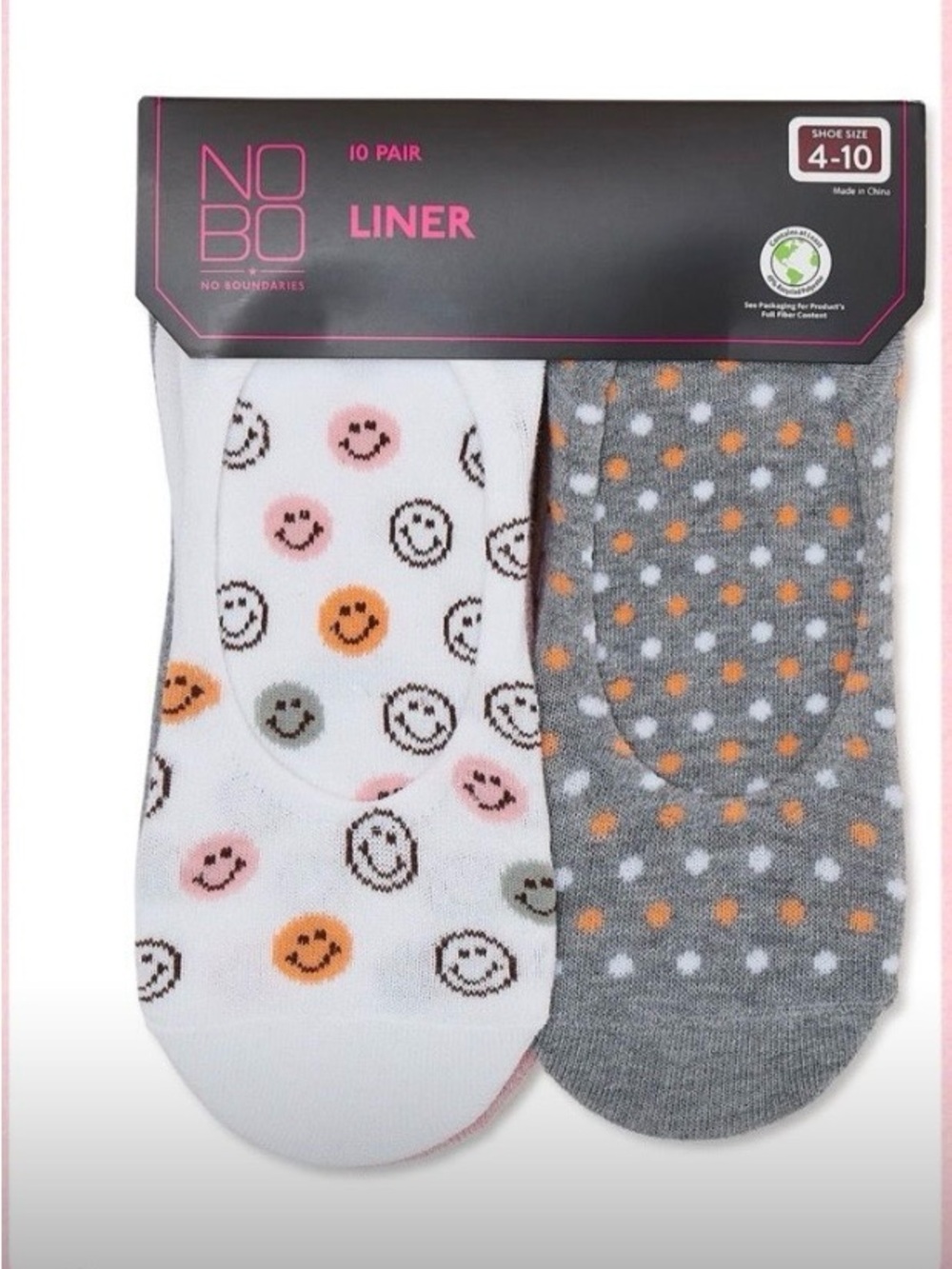 NOBO White & Gray No-Show Liner Socks with Smiley Faces and Polka Dots - 10-Pack